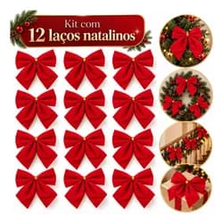 Kit 12 Laços Grande Enfeite Natal Aveludado Decoração Árvore Vermelho Veludo - R$ 26,49