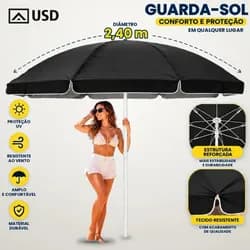 Guarda Sol Gigante Grande USD 2,40m Com Proteção UV Para Praia Camping Piscina Verão Cor Preto - R$ 93,12